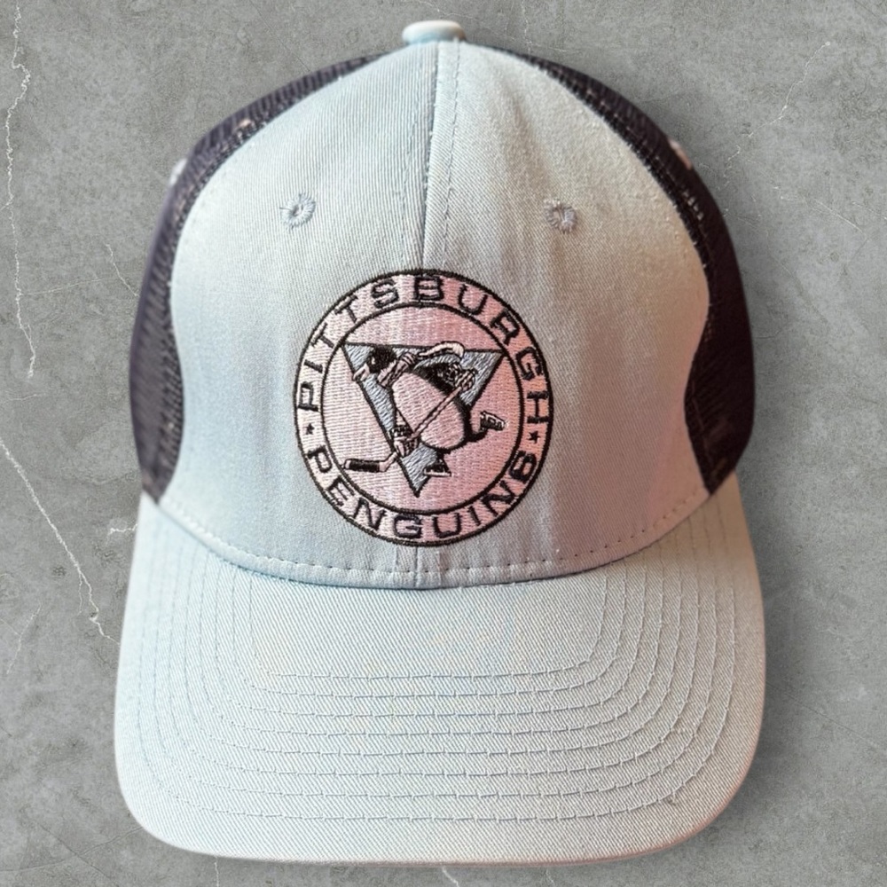 ✅Vintage 90s Zephyr Powder Blue Pittsburgh Penguins Mesh Trucker Hat
